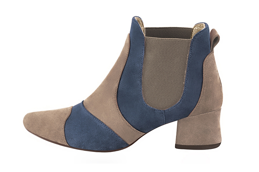 Step out in two-tone leather Chelsea ankle boots with contrasting elastic side gussets for a bold, modern graphic style, in sand and denim blue leather with round toe and low flared heel - Florence KOOIJMAN